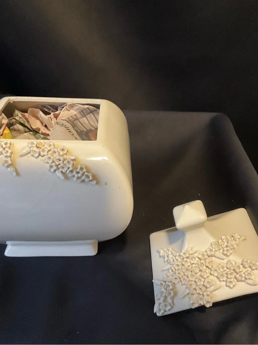 Ivory Ceramic Decorative Covered Jar with Floral Appliqué